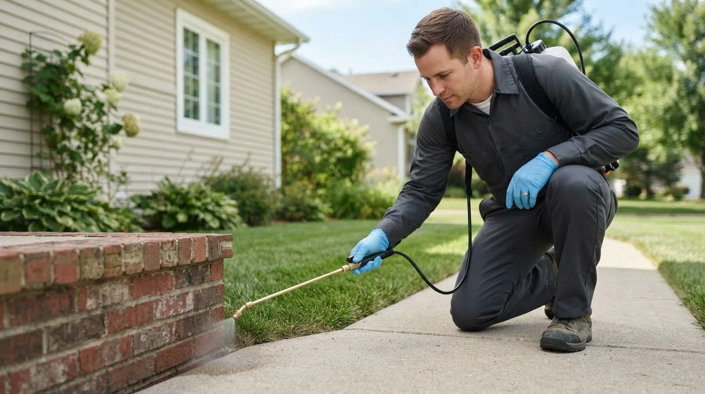 Pest control technician treating a home near Perkiomenville, PA
